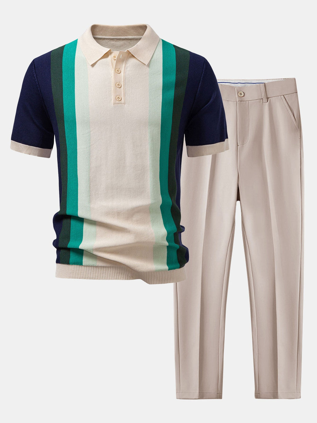 Striped Knitted Polo Shirt &amp; Slim Fit Tapered Trousers