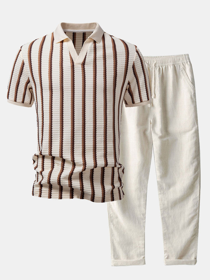 Waffle Stripe Johnny Collar Polo &amp; Straight Leg Linen Pants