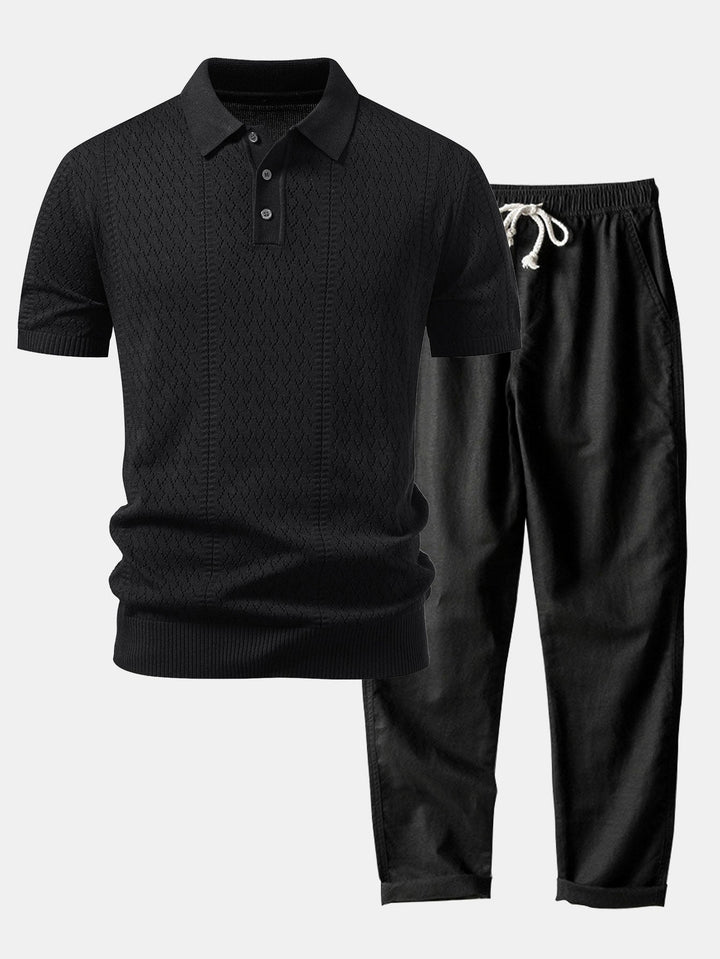 Geometric Jacquard Open Knit Polo &amp; Straight Leg Linen Pants
