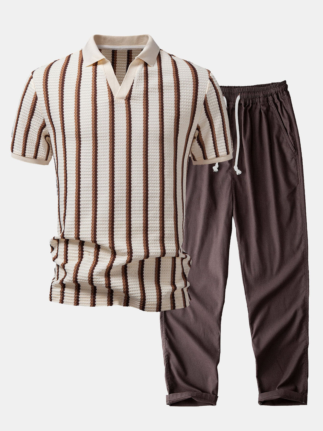 Waffle Stripe Johnny Collar Polo &amp; Straight Leg Linen Pants