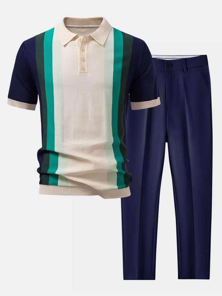 Striped Knitted Polo Shirt &amp; Slim Fit Tapered Trousers