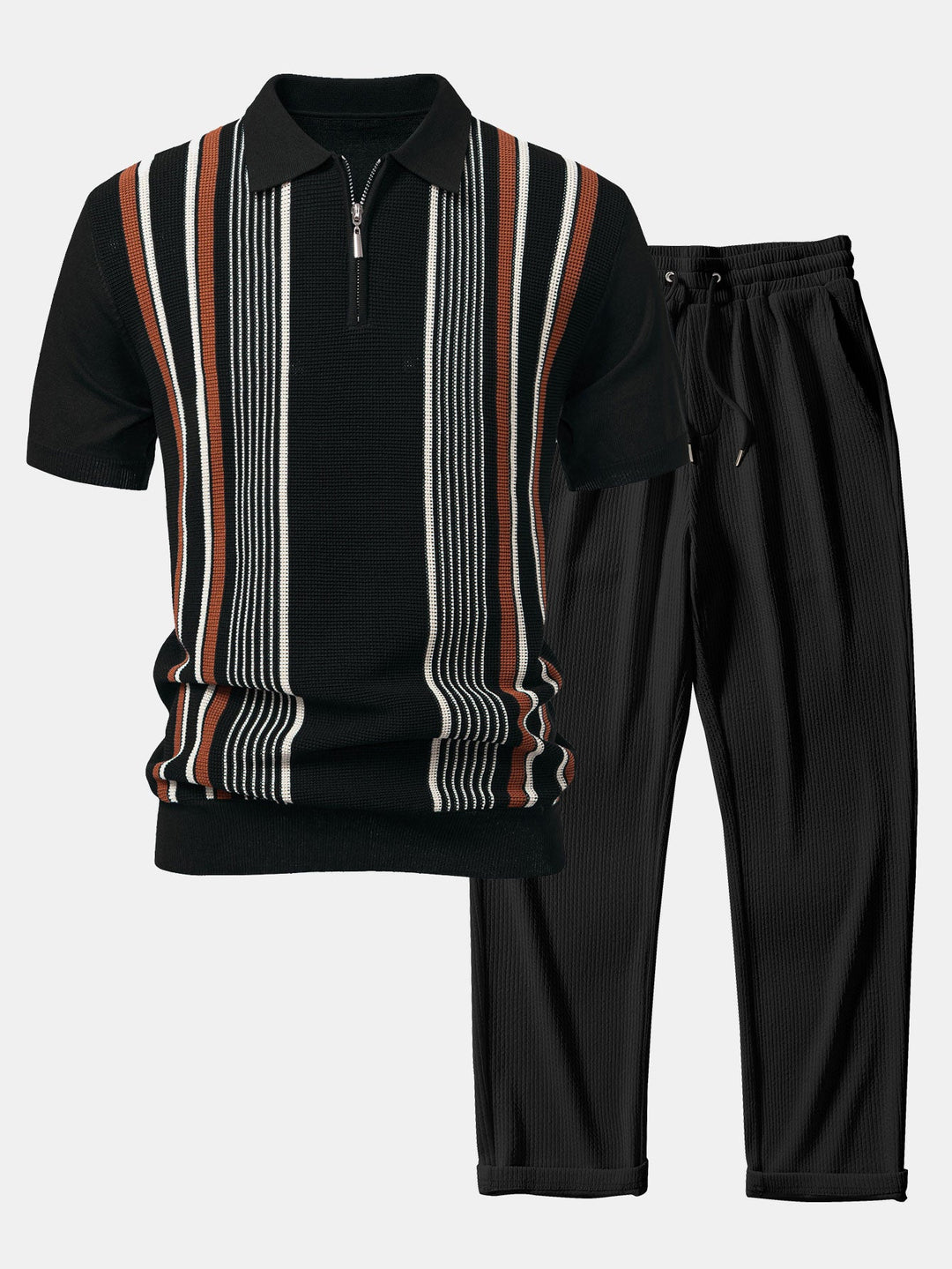 Stripe Knit Zip Up Polo Shirt &amp; Straight Leg Ribbed Pants