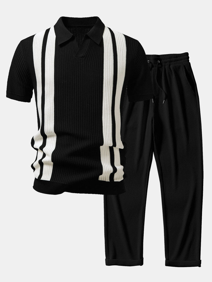 Stripe Johnny Collar Knit Polo &amp; Straight Leg Ribbed Pants