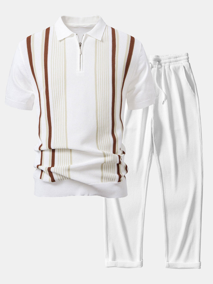 Stripe Knit Zip Up Polo Shirt &amp; Straight Leg Ribbed Pants