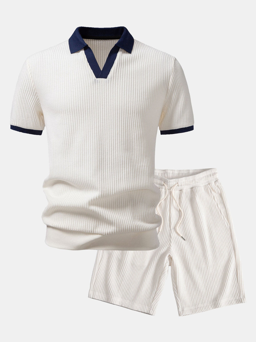 Contrast Knit Waffle Johnny Collar Polo &amp; Drawstring Knitted Waffle Shorts