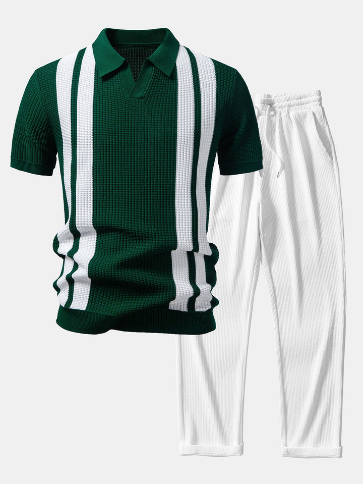 Stripe Johnny Collar Knit Polo &amp; Straight Leg Ribbed Pants