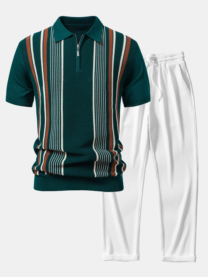 Stripe Knit Zip Up Polo Shirt &amp; Straight Leg Ribbed Pants
