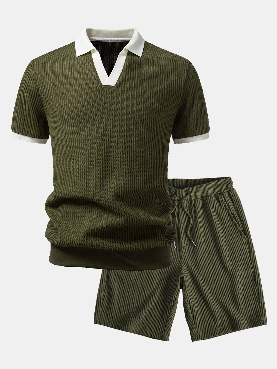 Contrast Knit Waffle Johnny Collar Polo &amp; Drawstring Knitted Waffle Shorts