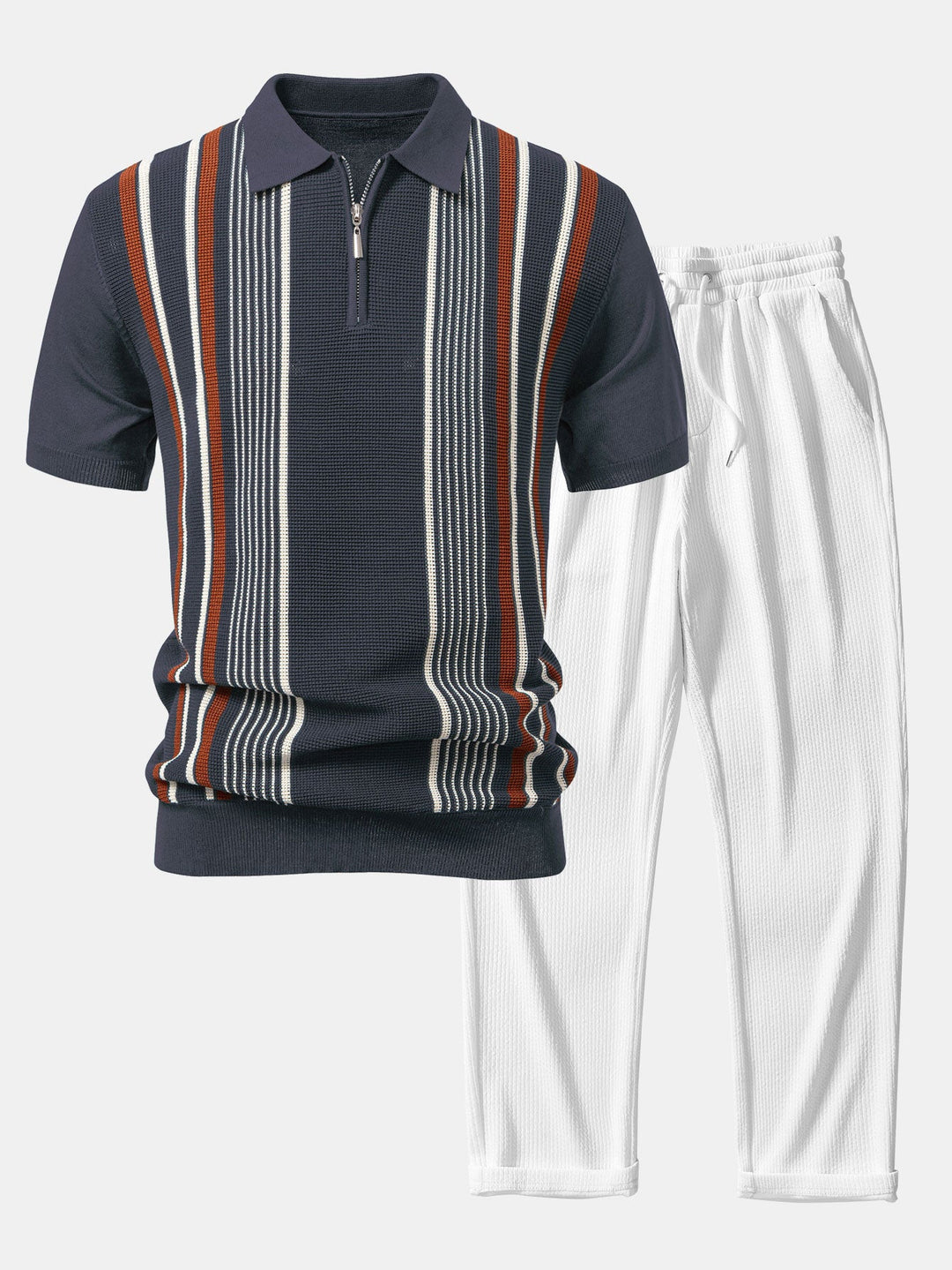 Stripe Knit Zip Up Polo Shirt &amp; Straight Leg Ribbed Pants