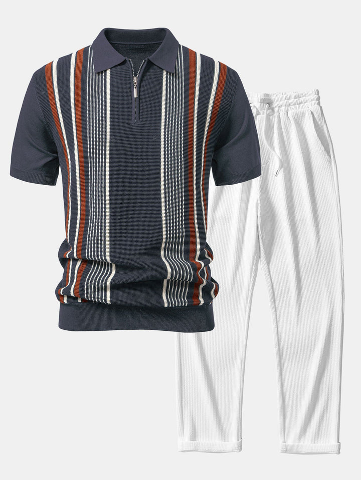 Stripe Knit Zip Up Polo Shirt &amp; Straight Leg Ribbed Pants