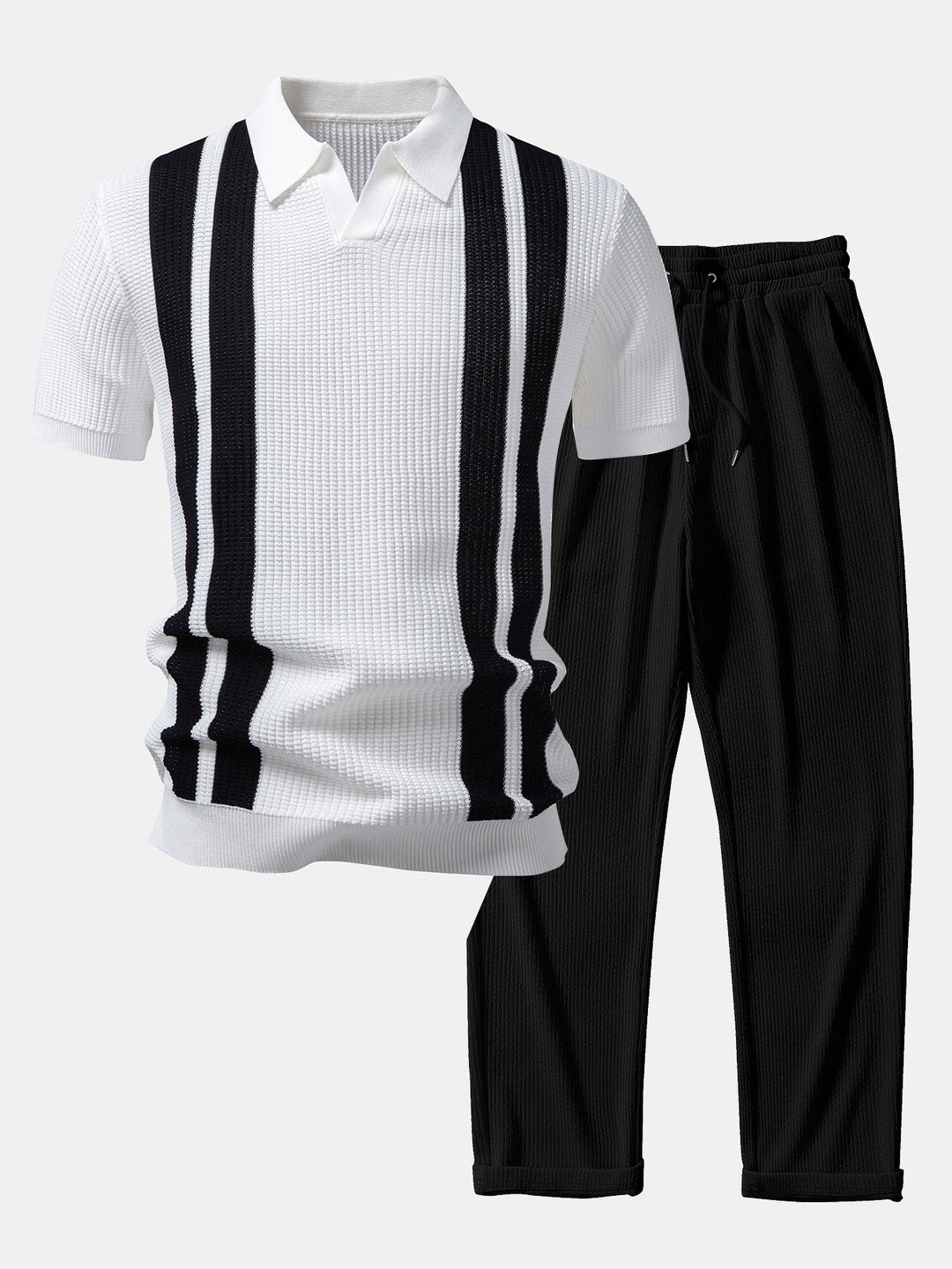 Stripe Johnny Collar Knit Polo &amp; Straight Leg Ribbed Pants