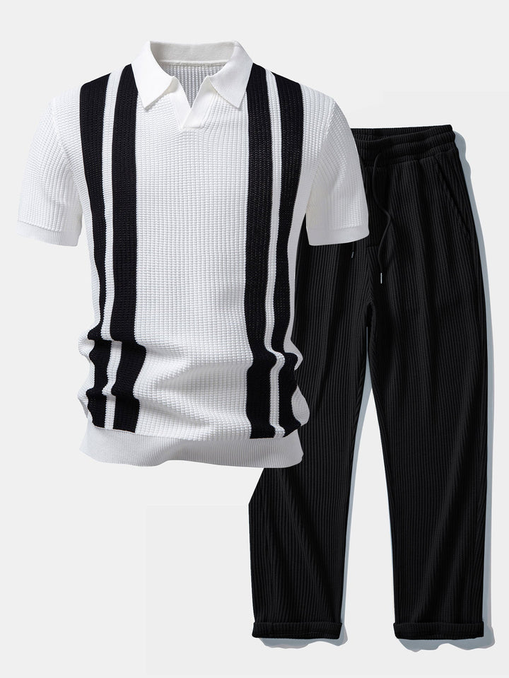 Stripe Johnny Collar Knit Polo &amp; Drawstring Knitted Waffle Pants