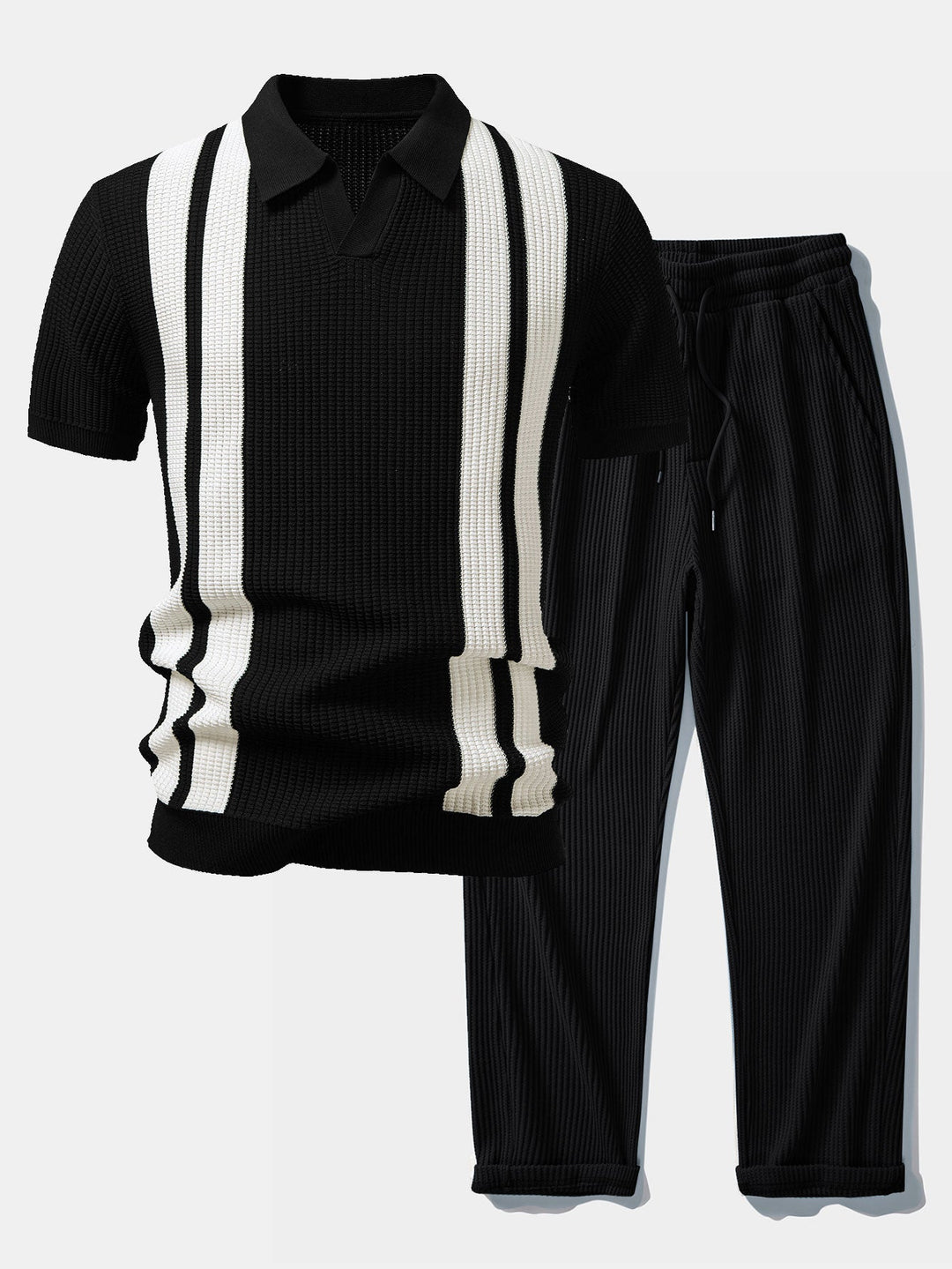 Stripe Johnny Collar Knit Polo &amp; Drawstring Knitted Waffle Pants