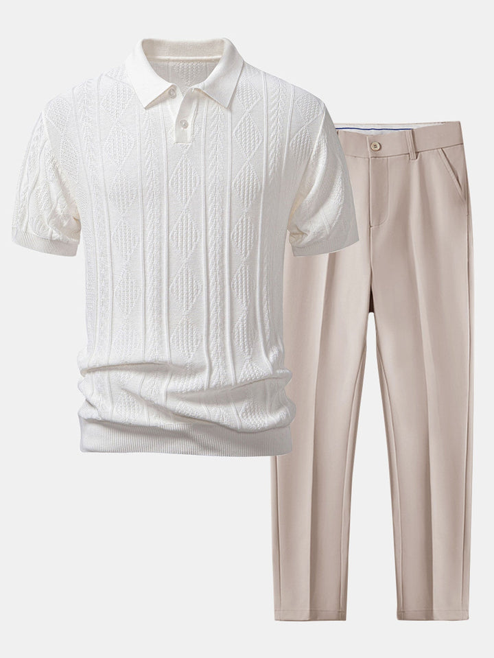 Geometric Jacquard Knitted Polo Shirt &amp; Slim Fit Tapered Trousers