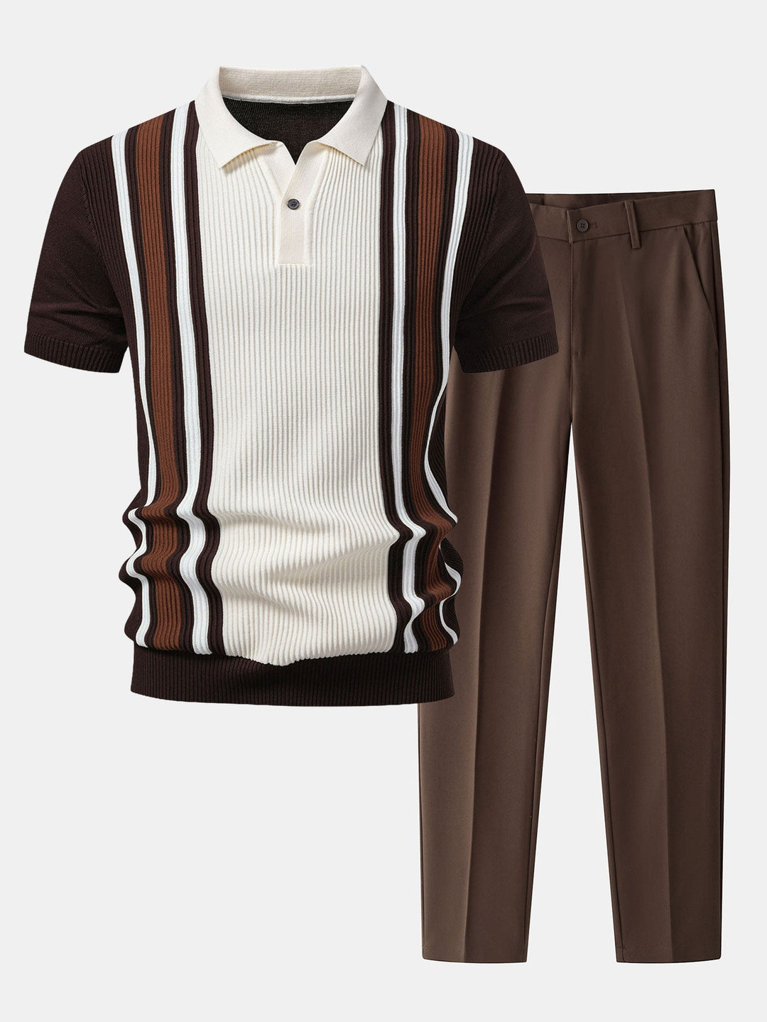 Contrast Striped Ribbed Knit Polo &amp; Slim Fit Tapered Trousers