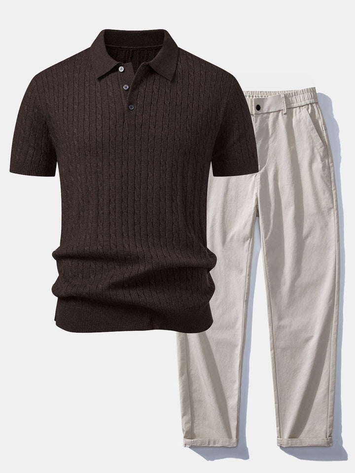 Twisted Jacquard Knit Polo &amp; Elastic Waist Straight Leg Trousers