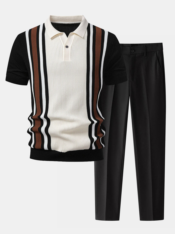 Contrast Striped Ribbed Knit Polo &amp; Slim Fit Tapered Trousers