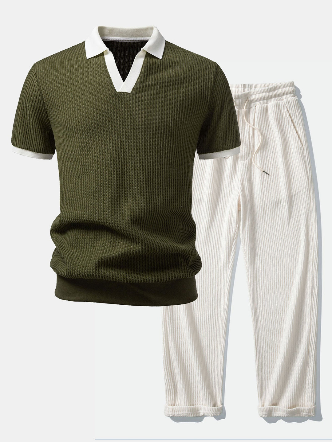 Contrast Knit Waffle Johnny Collar Polo &amp; Drawstring Knitted Waffle Pants