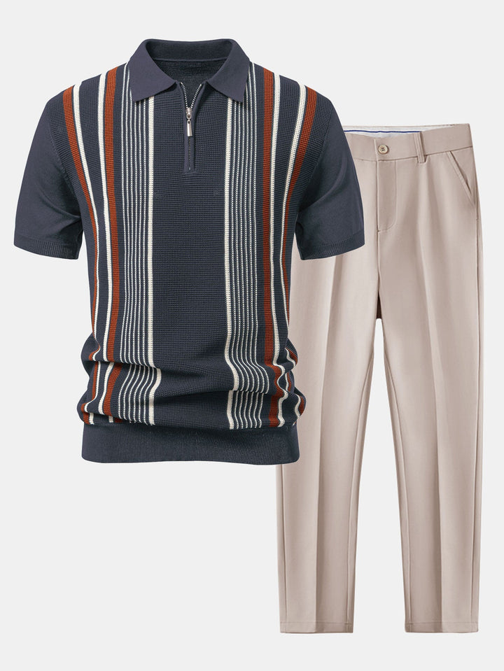 Stripe Knit Zip Up Polo Shirt &amp; Slim Fit Tapered Trousers