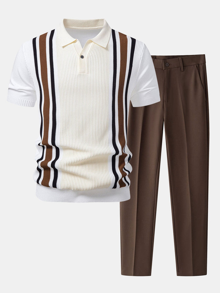 Contrast Striped Ribbed Knit Polo &amp; Slim Fit Tapered Trousers