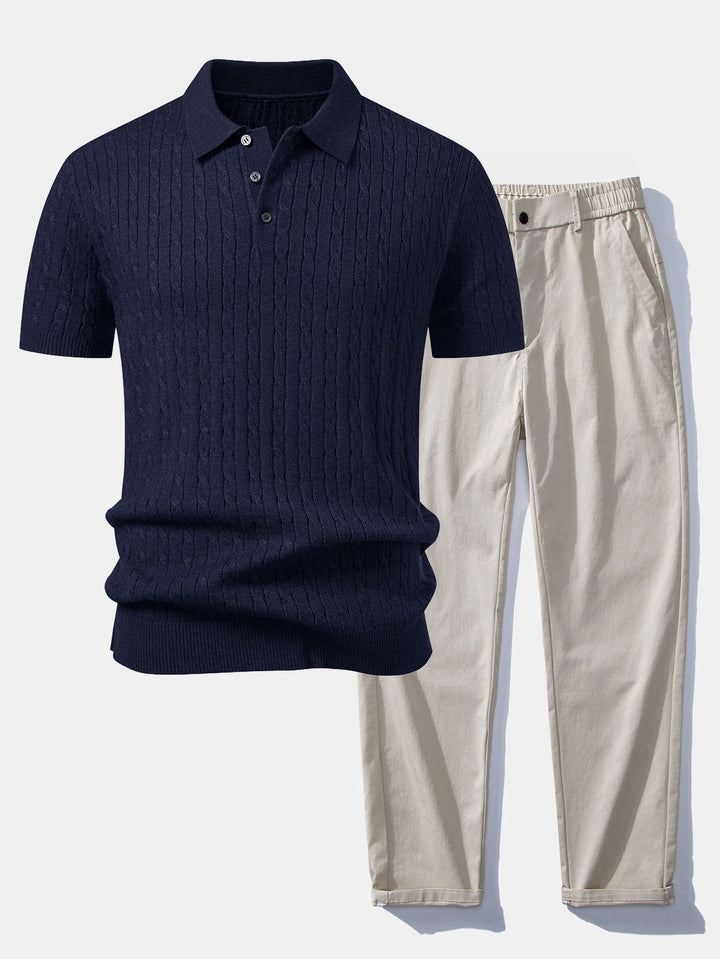 Twisted Jacquard Knit Polo &amp; Elastic Waist Straight Leg Trousers