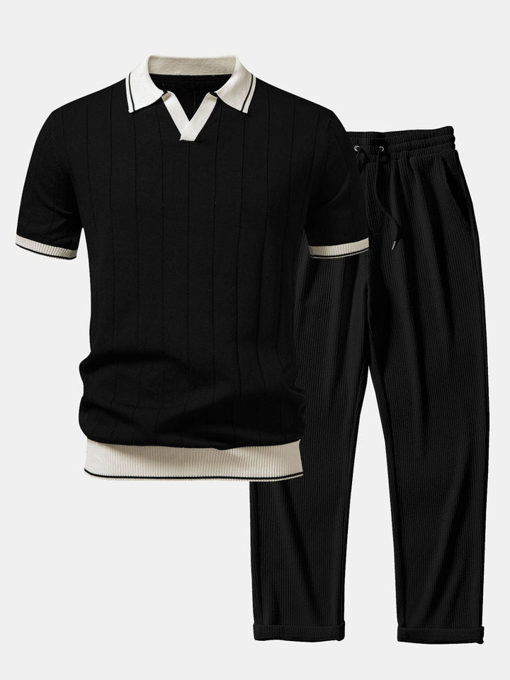 Contrast Trim Ribbed Johnny Collar Knit Polo &amp; Straight Leg Ribbed Pants