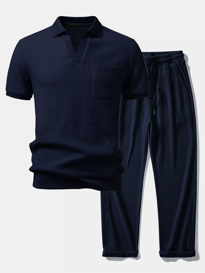 Waffle Johnny Collar Polo With Pocket &amp; Drawstring Knitted Waffle Pants