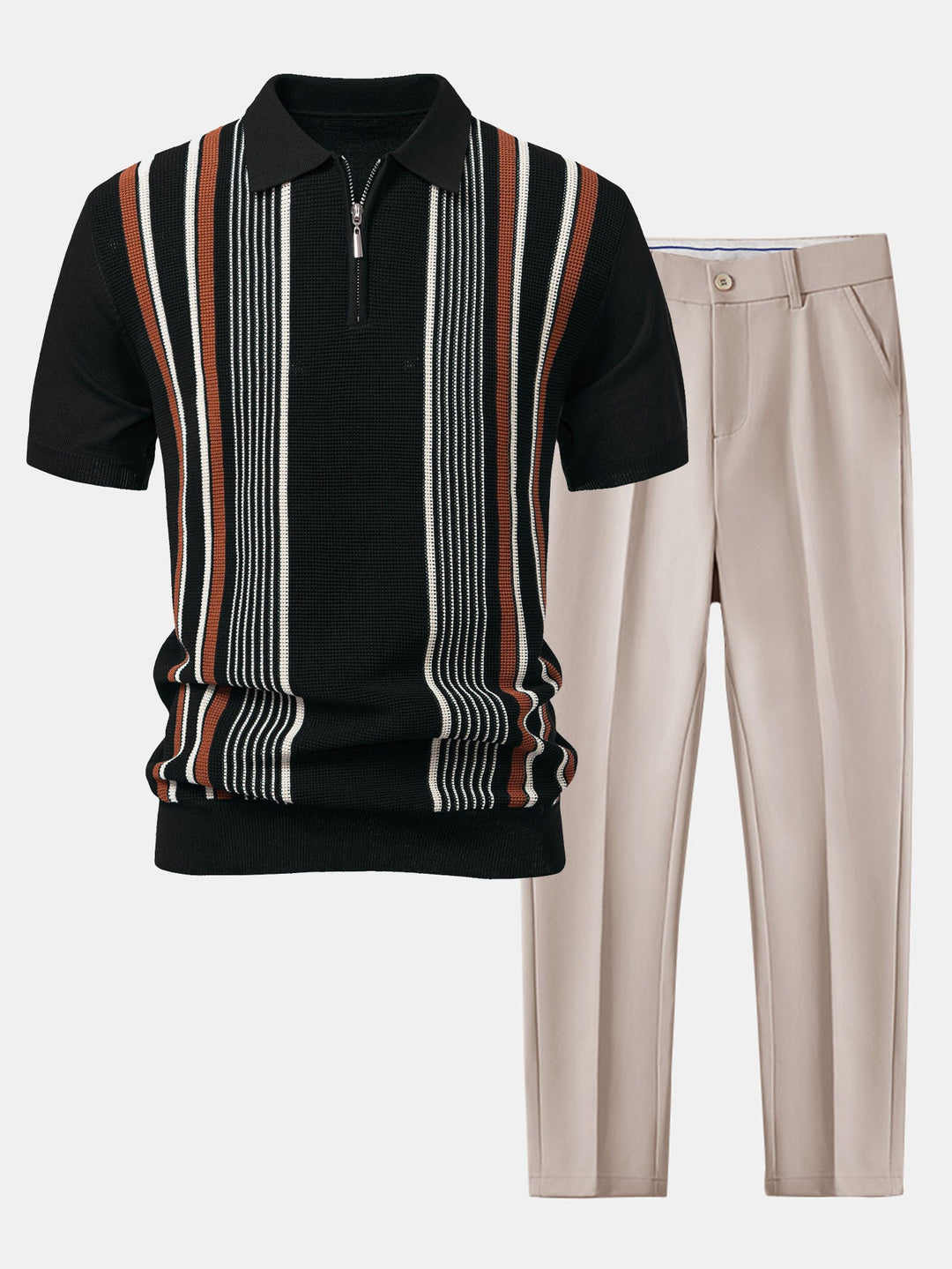 Stripe Knit Zip Up Polo Shirt &amp; Slim Fit Tapered Trousers