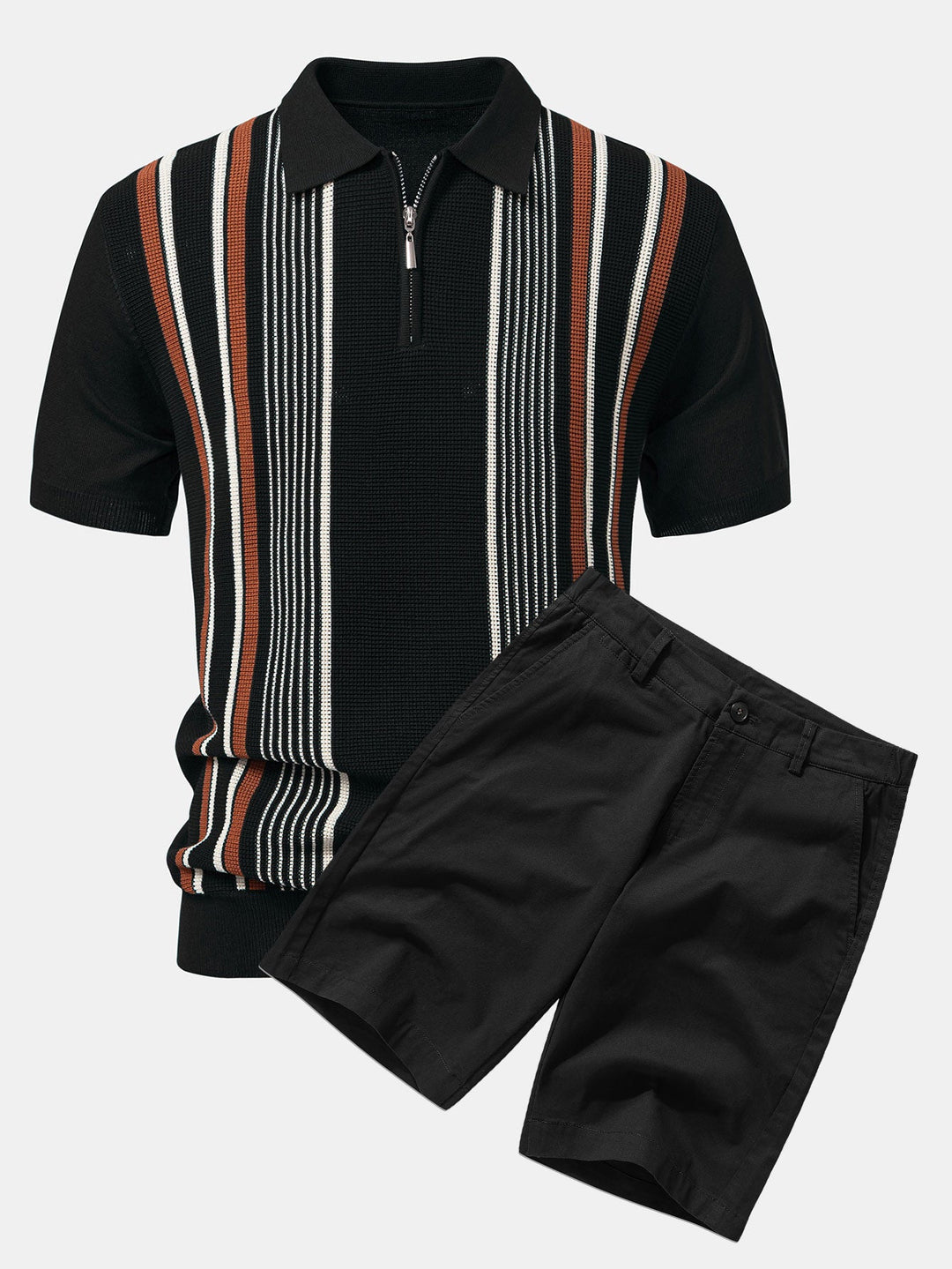 Stripe Knit Zip Up Polo Shirt &amp; Cotton Chino Shorts