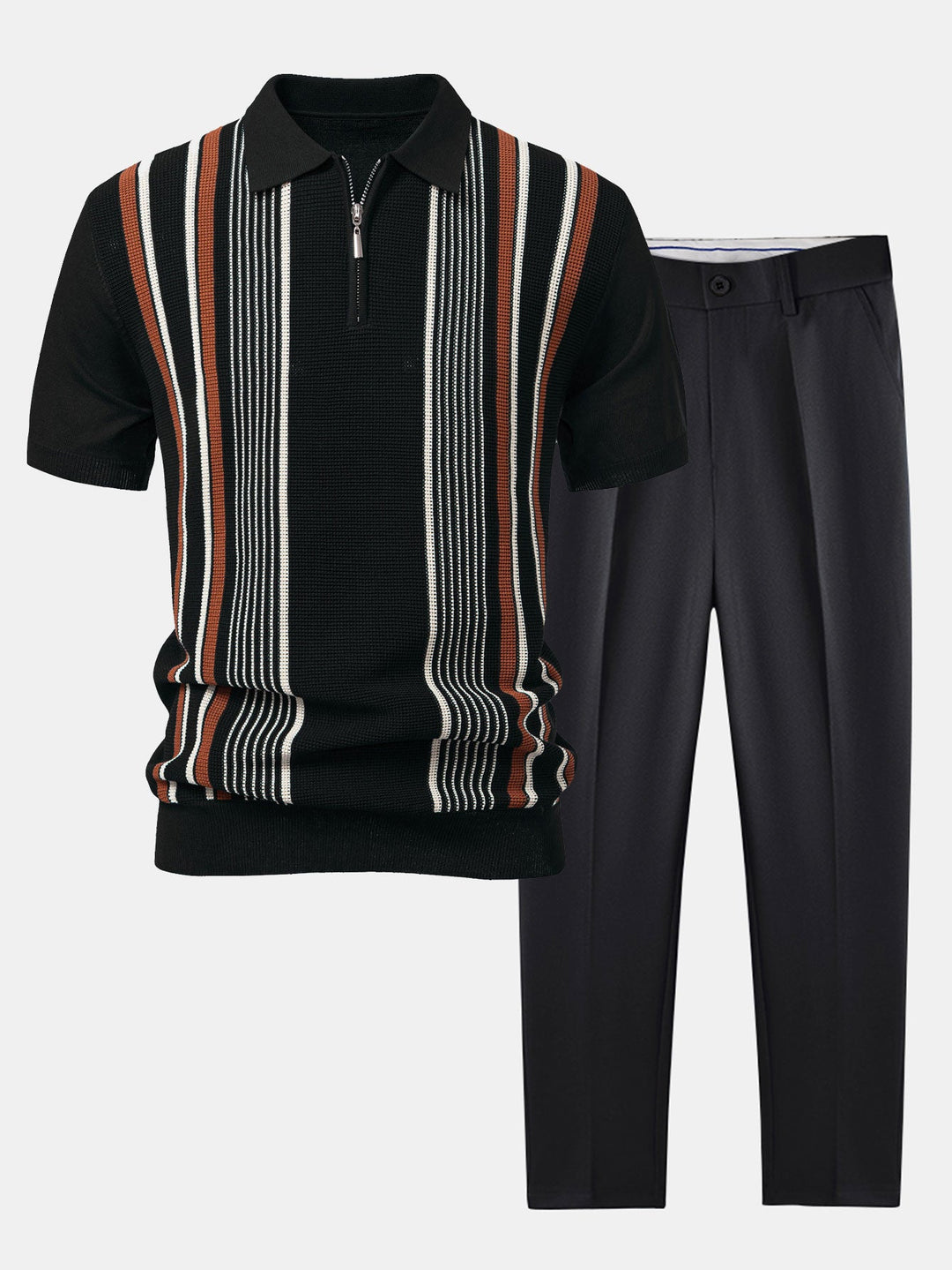 Stripe Knit Zip Up Polo Shirt &amp; Slim Fit Tapered Trousers
