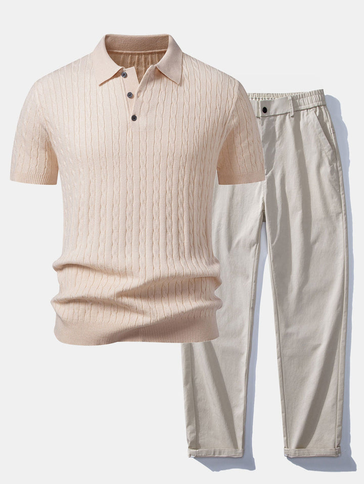 Twisted Jacquard Knit Polo &amp; Elastic Waist Straight Leg Trousers