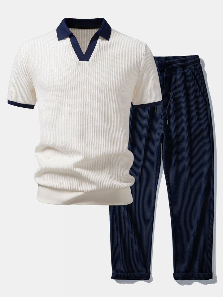 Contrast Knit Waffle Johnny Collar Polo &amp; Drawstring Knitted Waffle Pants