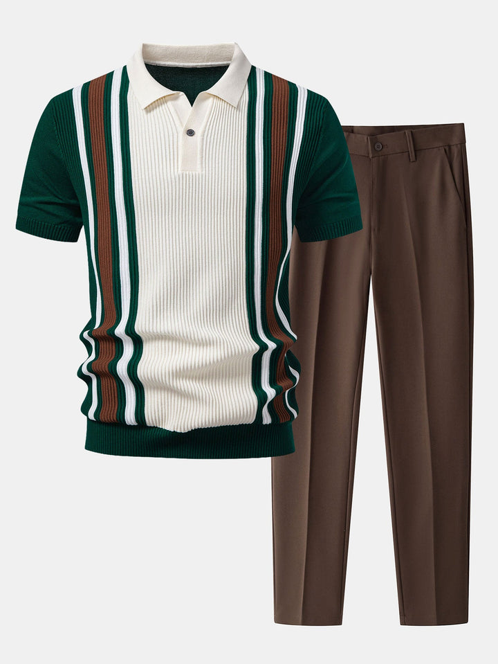 Contrast Striped Ribbed Knit Polo &amp; Slim Fit Tapered Trousers