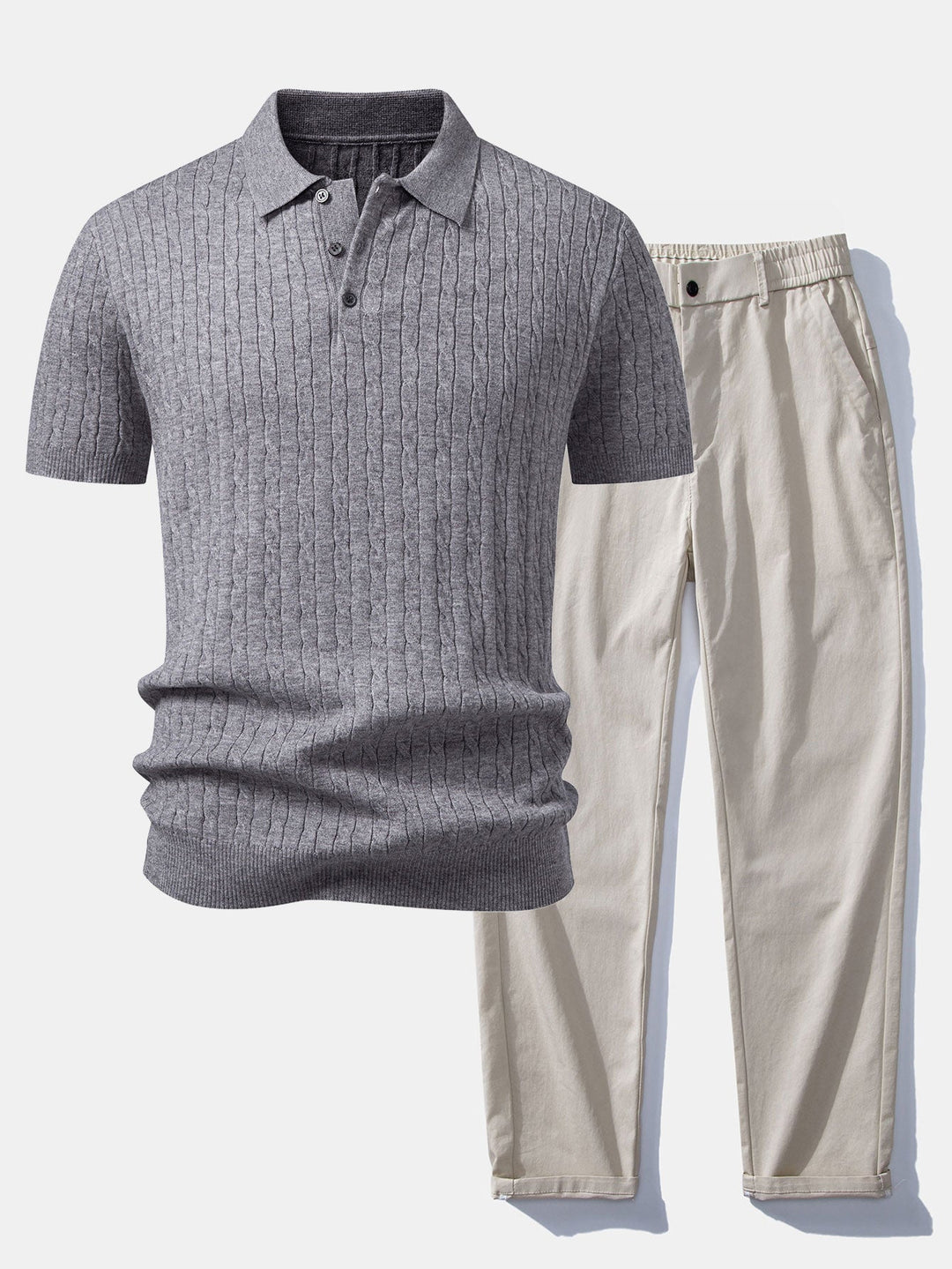 Twisted Jacquard Knit Polo &amp; Elastic Waist Straight Leg Trousers