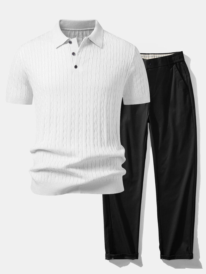 Twisted Jacquard Knit Polo &amp; Elastic Waist Straight Leg Trousers