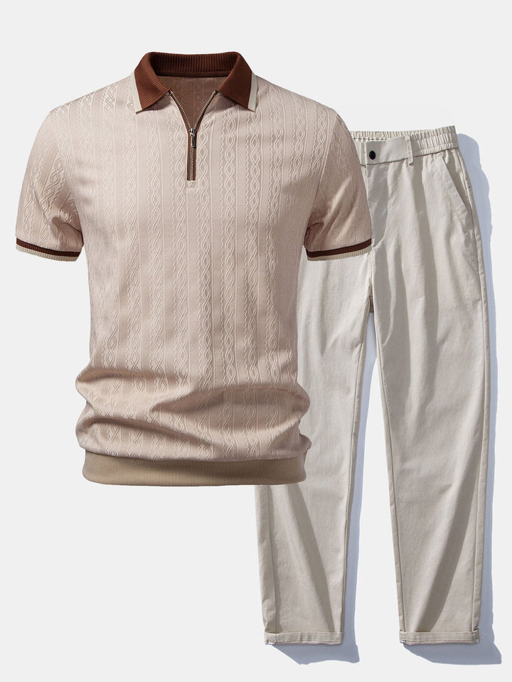 Contrast Trim Textured Zipper Knit Polo &amp; Elastic Waist Straight Leg Trousers