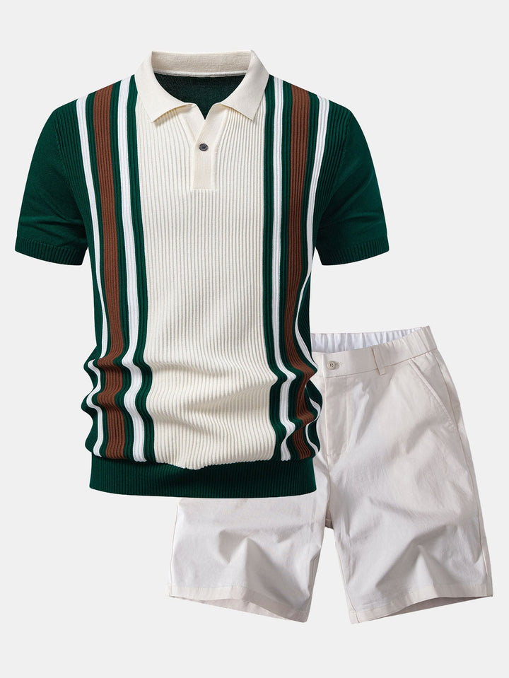 Contrast Striped Ribbed Knit Polo &amp; Elastic Waist Chino Shorts