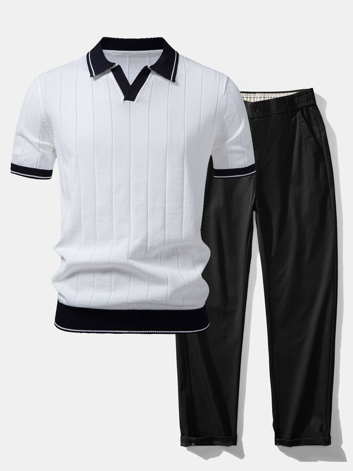 Contrast Trim Ribbed Johnny Collar Knit Polo &amp; Elastic Waist Straight Leg Trousers