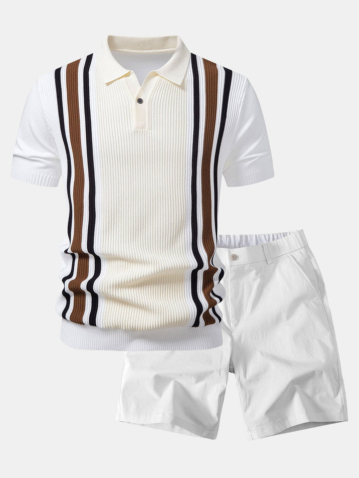 Contrast Striped Ribbed Knit Polo &amp; Elastic Waist Chino Shorts