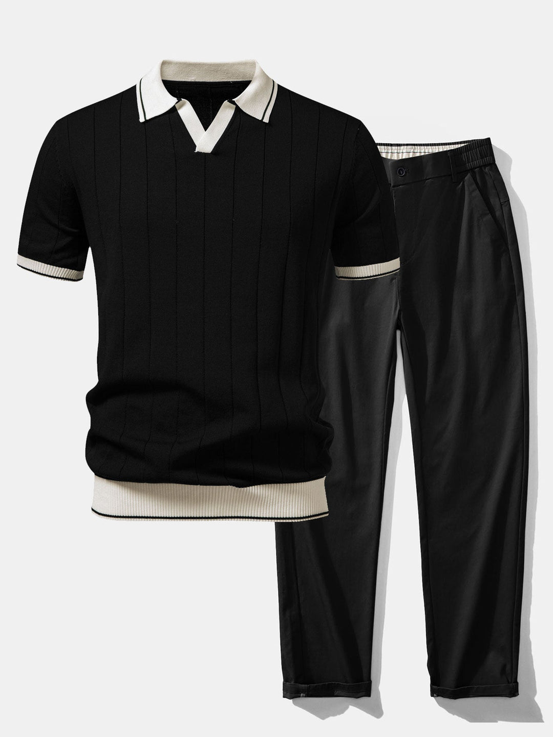 Contrast Trim Ribbed Johnny Collar Knit Polo &amp; Elastic Waist Straight Leg Trousers