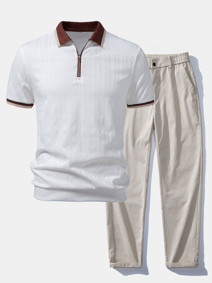 Contrast Trim Textured Zipper Knit Polo &amp; Elastic Waist Straight Leg Trousers