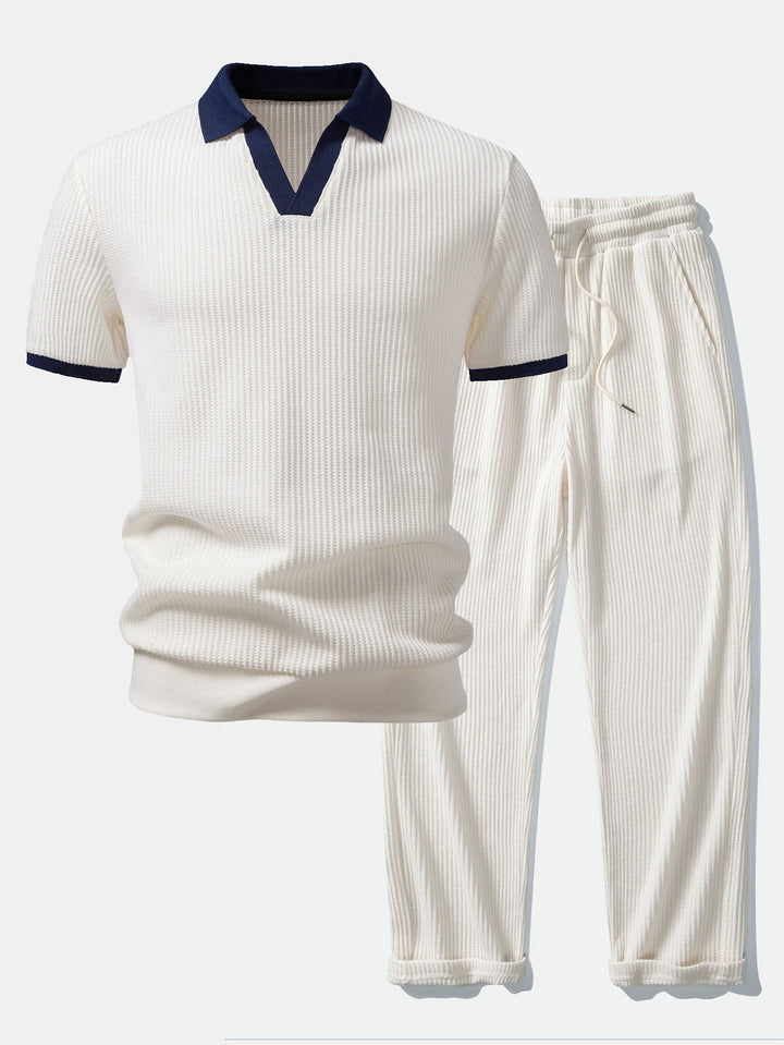 Contrast Knit Waffle Johnny Collar Polo &amp; Drawstring Knitted Waffle Pants