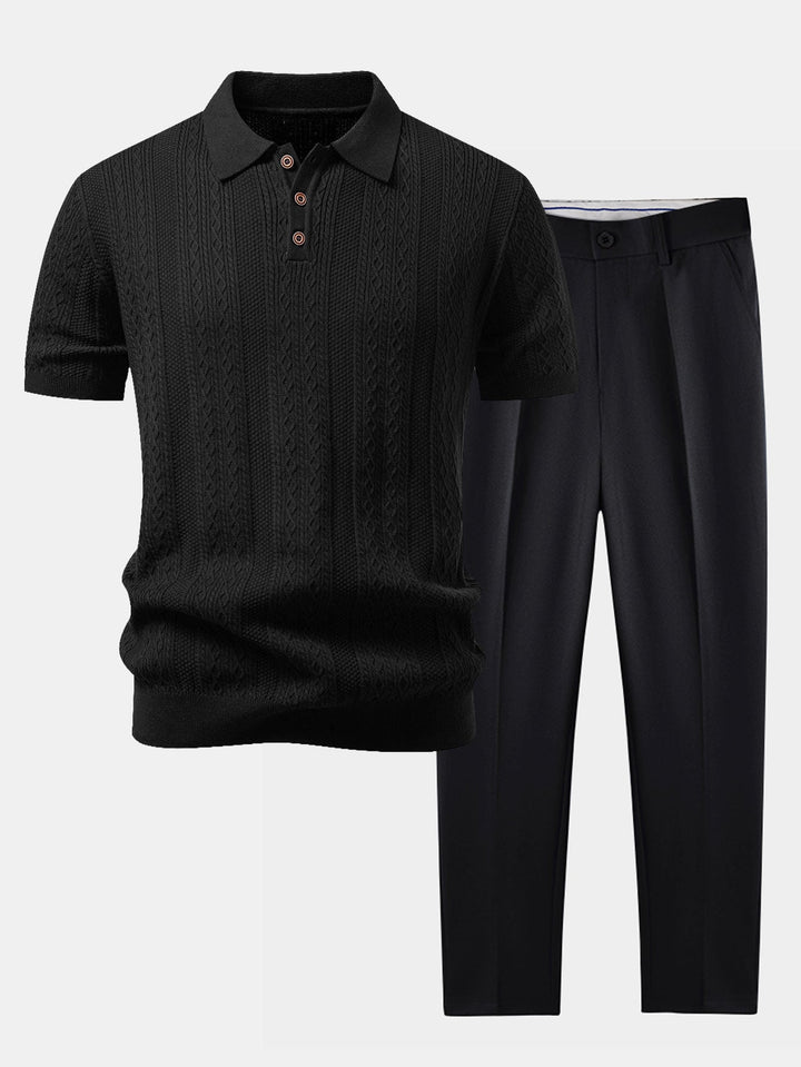 Geometric Jacquard Knit Polo &amp; Slim Fit Tapered Trousers