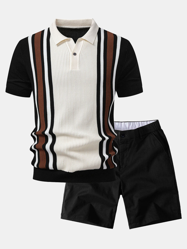 Contrast Striped Ribbed Knit Polo &amp; Elastic Waist Chino Shorts
