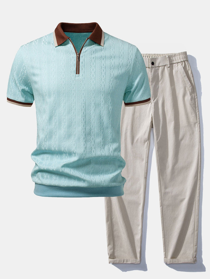 Contrast Trim Textured Zipper Knit Polo &amp; Elastic Waist Straight Leg Trousers