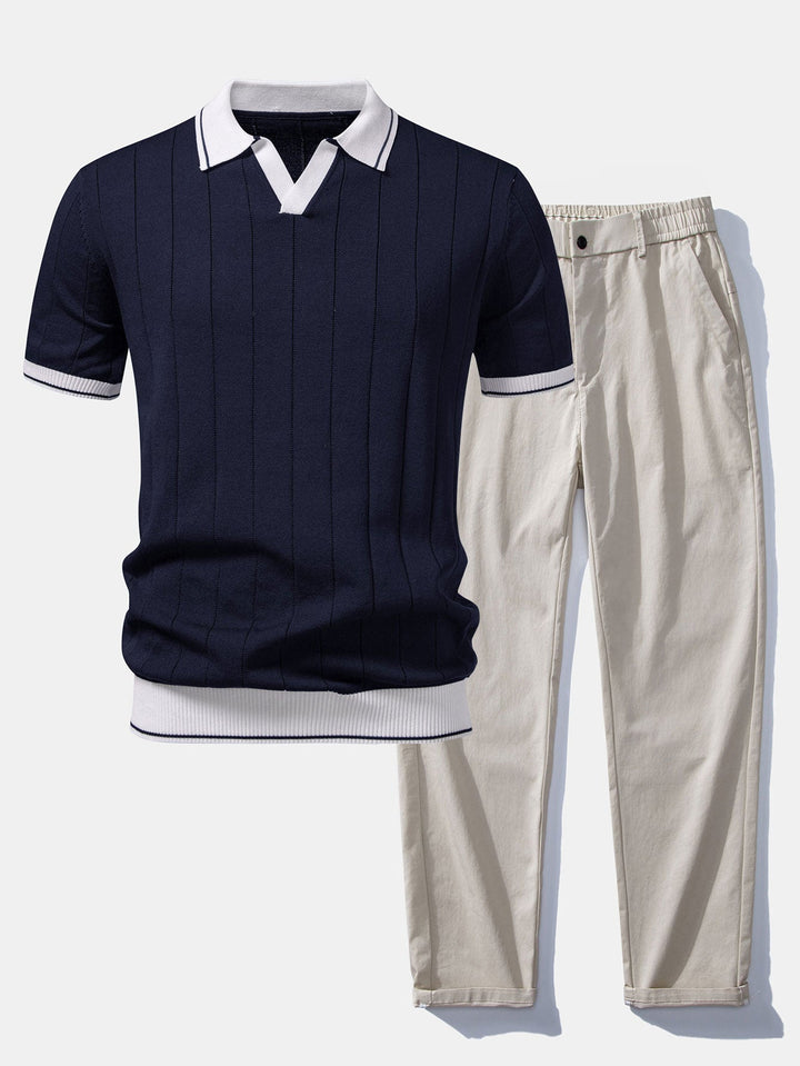 Contrast Trim Ribbed Johnny Collar Knit Polo &amp; Elastic Waist Straight Leg Trousers
