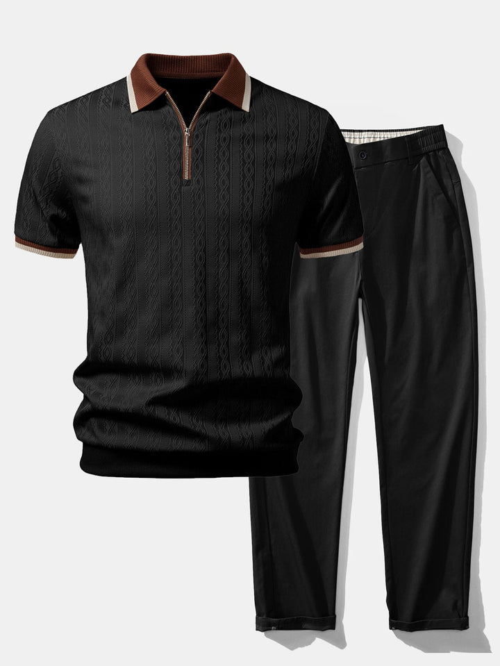 Contrast Trim Textured Zipper Knit Polo &amp; Elastic Waist Straight Leg Trousers
