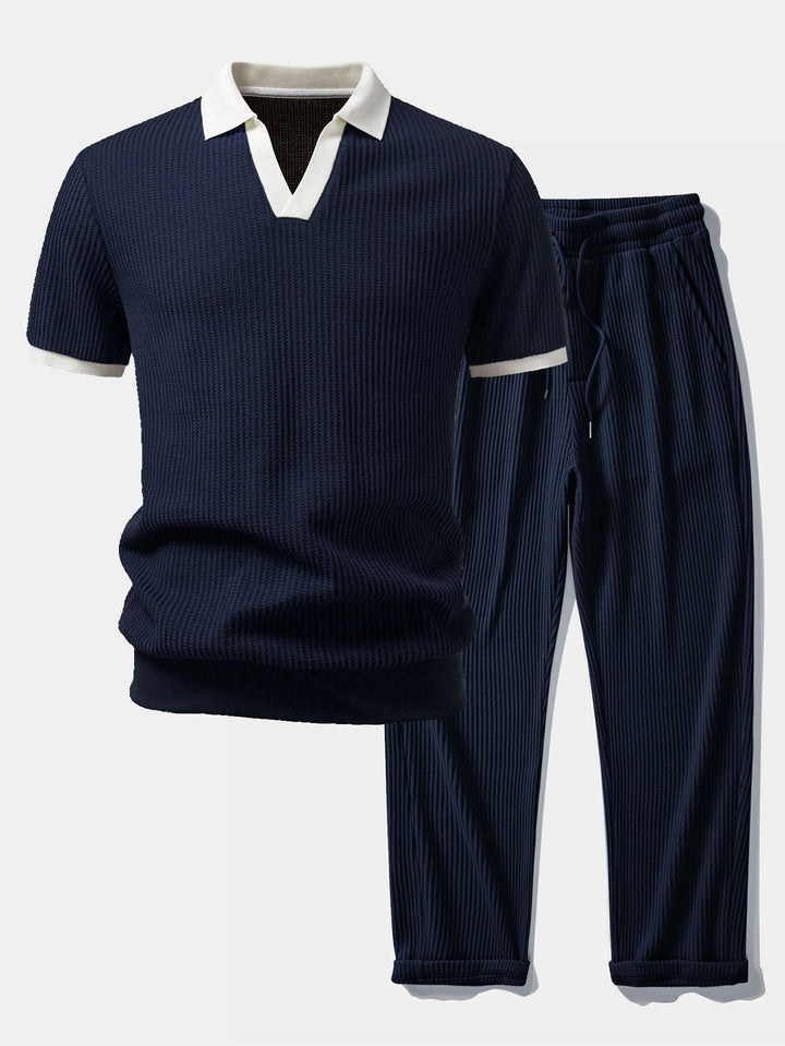 Contrast Knit Waffle Johnny Collar Polo &amp; Drawstring Knitted Waffle Pants