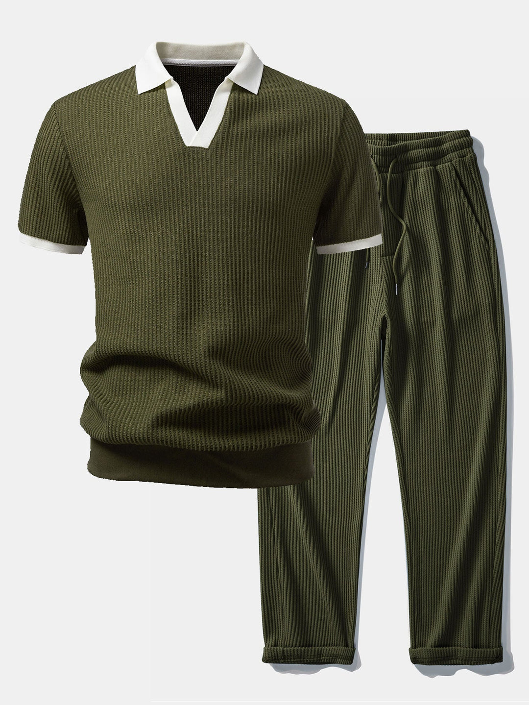 Contrast Knit Waffle Johnny Collar Polo &amp; Drawstring Knitted Waffle Pants