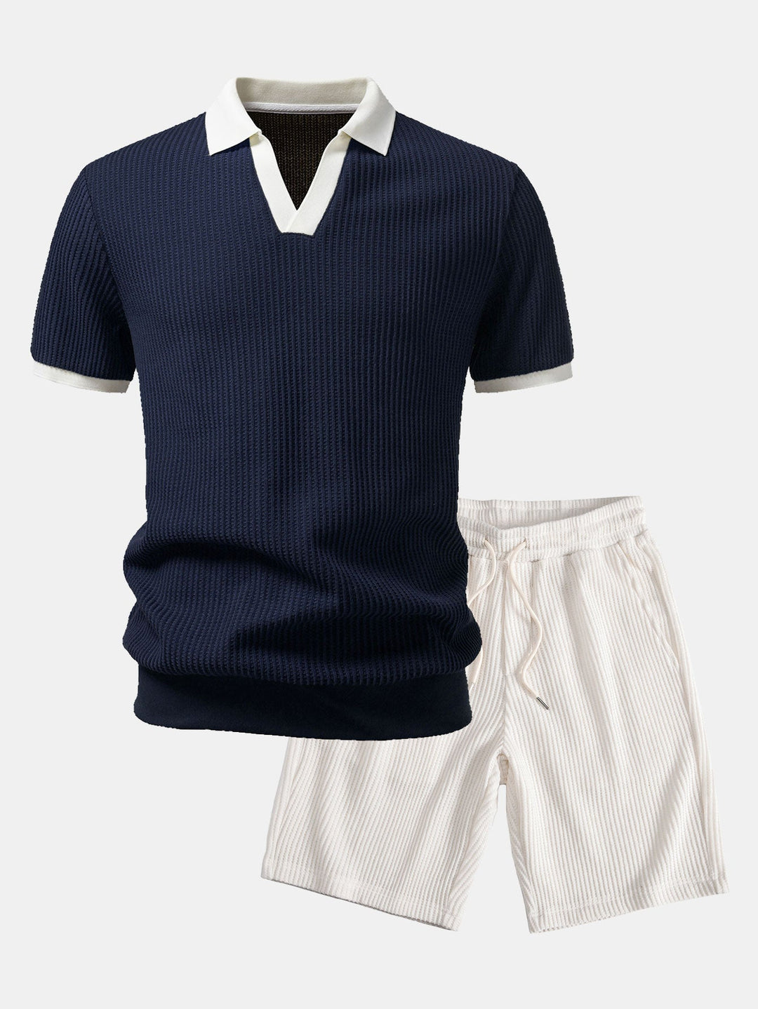 Contrast Knit Waffle Johnny Collar Polo &amp; Drawstring Knitted Waffle Shorts